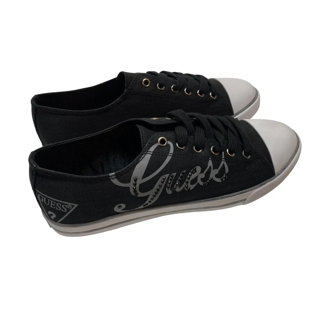Guess Womens Black Canvas Rhinestone Logo Low Top Sneakers White Toe Cap 10 NIB‎